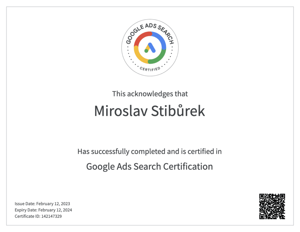 Miroslavo is certified in Google Ads Search