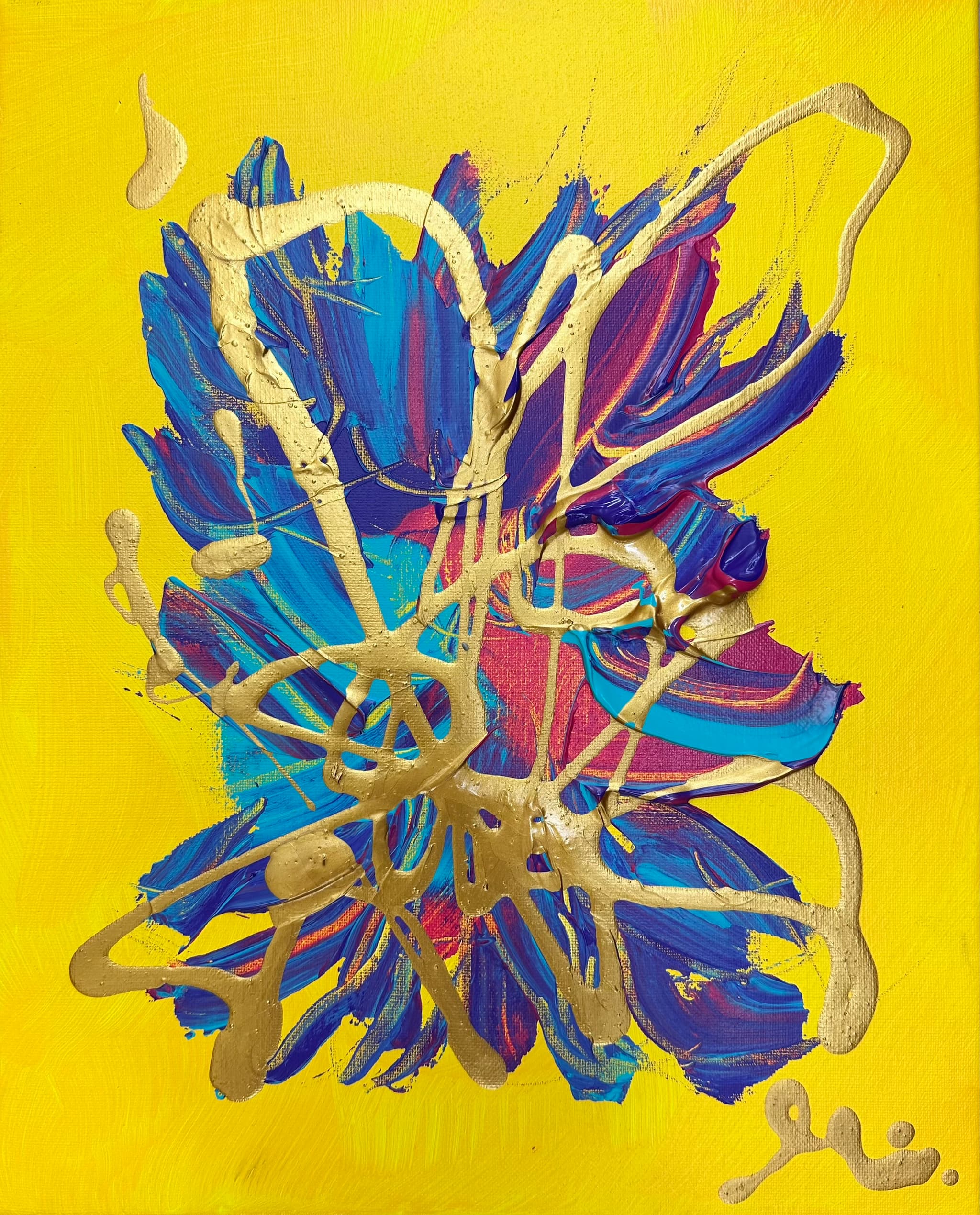 Abstract painting on yellow with blue, magenta, and gold — Miroslavo